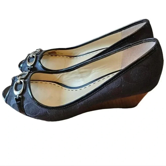 Coach Monogram Wedge Canvas Black Heel Shoes Size 8 Black. - Picture 4 of 12